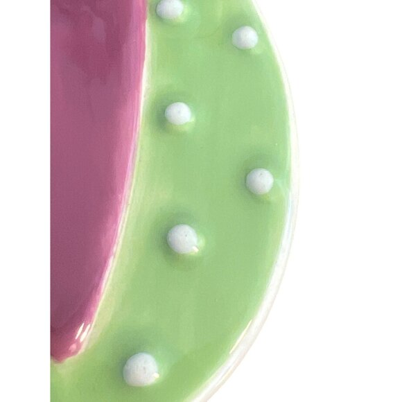 Vintage Porcelain Ceramic Pin Brooch Oval Green Mauve Heart Dots Estate 2.5" - Picture 2 of 5